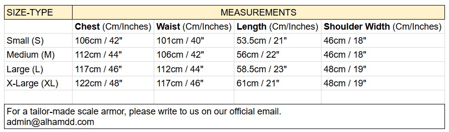 Scale Armor size guide for correct measurements